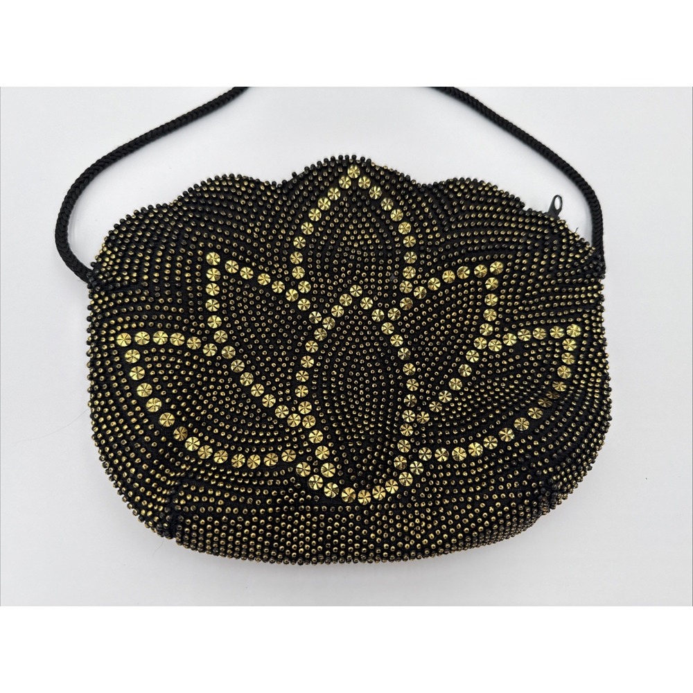 Vintage Holiday‎ Fair Jet Bag Beaded Bag Black Gold Flower Holiday Clutch Purse